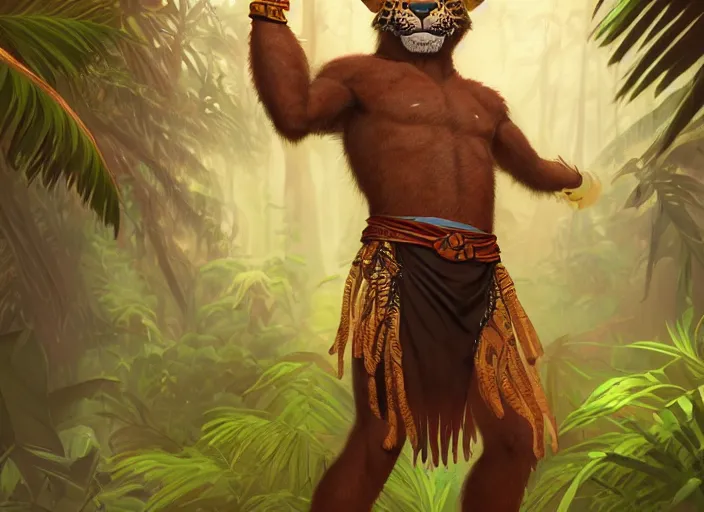 Prompt: character portrait feature of the anthro male anthropomorphic jaguar fursona animal person wearing shaman tribal outfit robes belt standing in the amazon rainforest, well framed character design stylized by charlie bowater, ross tran, artgerm, makoto shinkai, detailed, soft lighting, rendered in octane