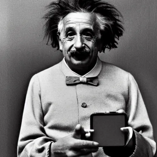 Prompt: Albert Einstein show his new iPhone to camera , Color photo