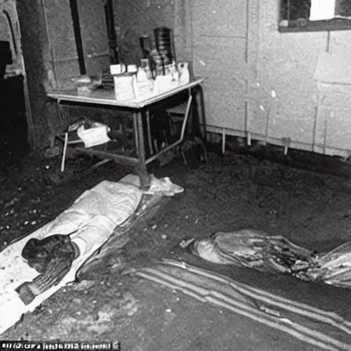 Image similar to a police photograph of a crime scene. inside the crime scene there is a corpse covered in a thin film of wet clay. the corpse is twisted and bent and wrong