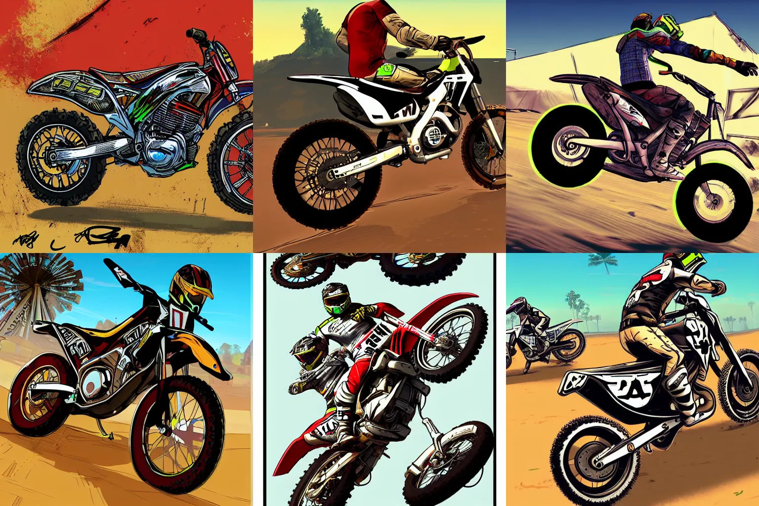 Prompt: motocross bike, gta 5 cover art, borderlands style, celshading, trending on artstation