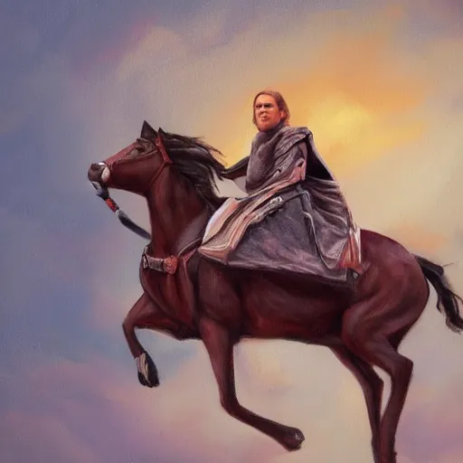 Image similar to anakin skywalker riding a pony, cinematic painting