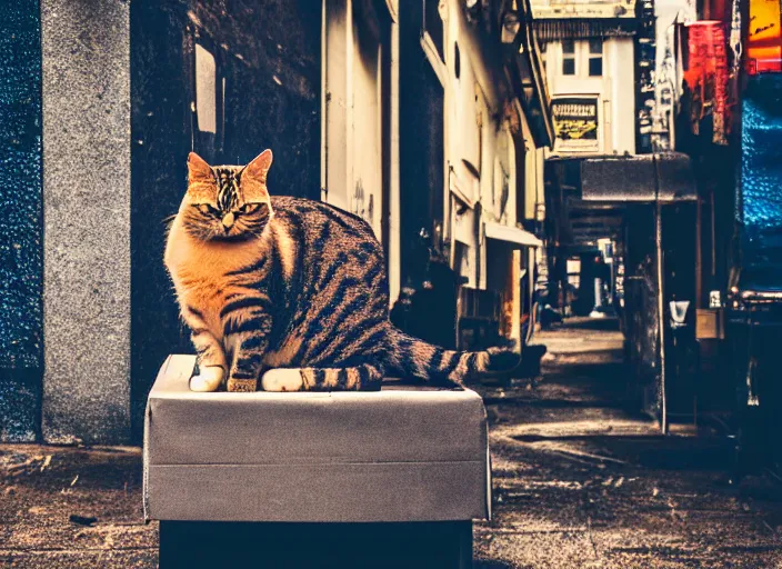 Image similar to photography of a Cat sitting on a box. in a cyberpunk street, award winning photo, colors, 100mm, sharp, high res