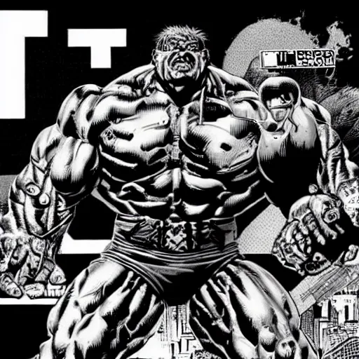 Image similar to cyberpunk hulk hogan, black and white, art by sergio toppi and keith giffen