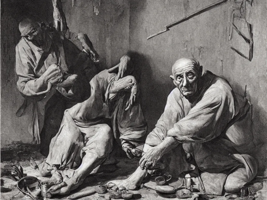 Prompt: Old man heating his hands at a fire. Painting by Georges de la Tour, Roger Ballen