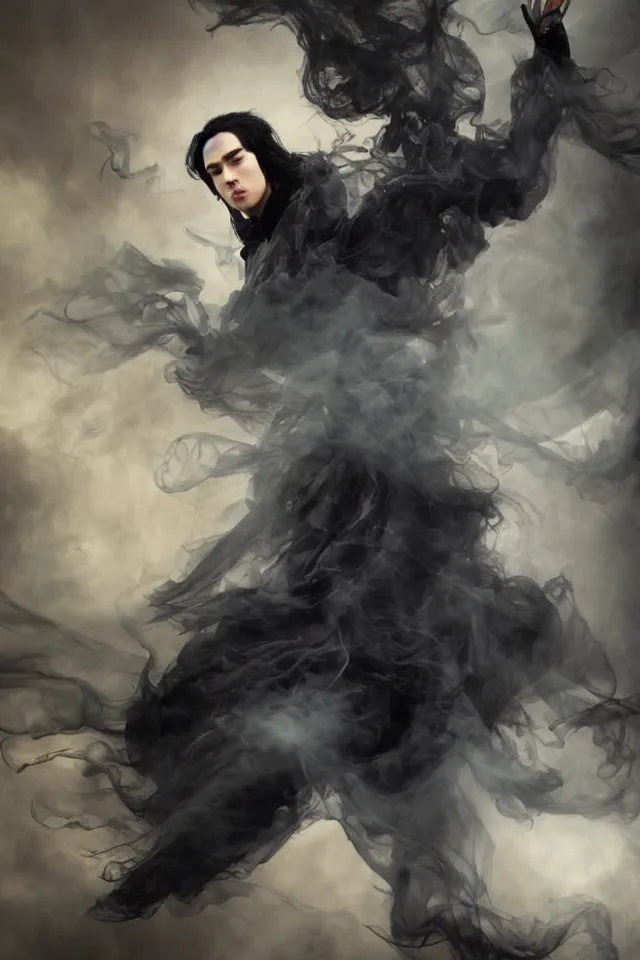 Prompt: a man with pale skin and long-black hair, latex suit and raincoat, floating in smoke, in the style of ruan jia