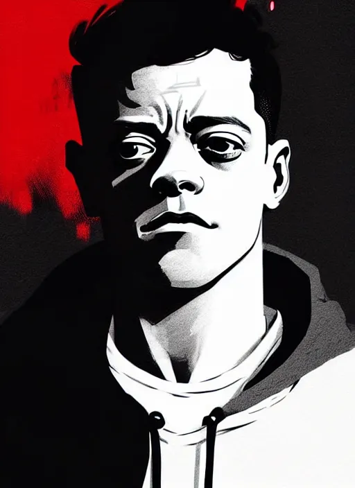 Image similar to highly detailed closeup portrait of rami malek, elliot alderson, black hoody by atey ghailan, by greg rutkowski, by greg tocchini, by james gilleard, by joe fenton, by kaethe butcher, gradient red, black and white color scheme, grunge aesthetic!!! ( ( graffiti tag wall background ) )