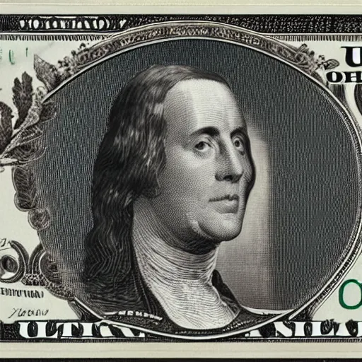 Prompt: ultra realistic $1 bill with a dog face with a wig