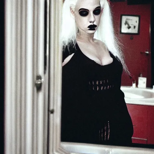 Prompt: a 2 0 y. o. girl with white hair and makeup in a bathroom, an album cover by nan goldin, tumblr, international gothic, goth, antichrist, gothic