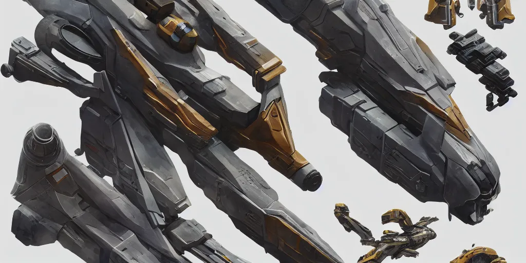 Prompt: futuristic sci - fi props and gadget, hard surface, collection, kitbash, parts, shape and form, in watercolor gouache detailed paintings, star citizen, modular, pieces, golden ratio, mobius, weapon, guns, destiny, big medium small, insanely details