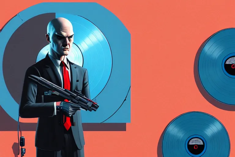 Image similar to an expressive portrait of agent 4 7 from hitman wearing headphones and holding a handgun in front of a wall of vinyl records, blue rim light, digital art, artstation, art by giger stalenhag