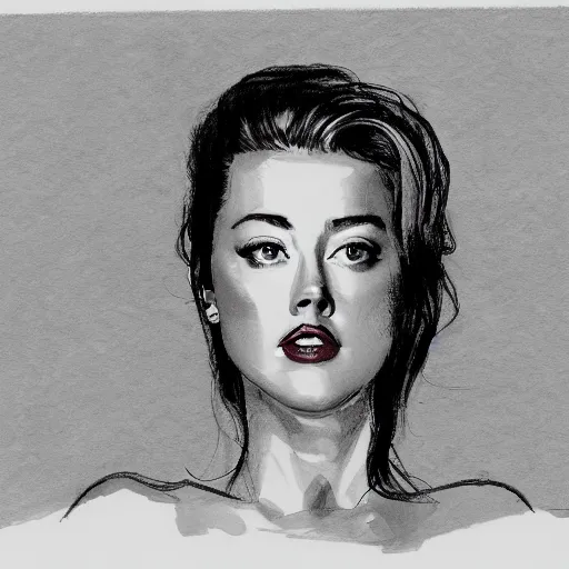 Prompt: courtroom sketch of amber heard standing on top of a bed, knees slightly bent, a brown object is underneath her