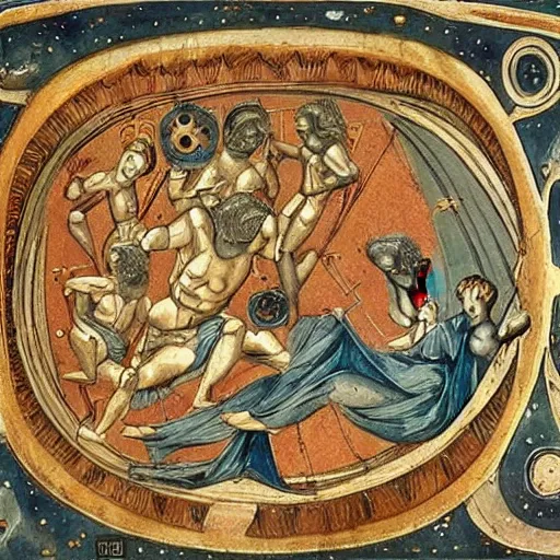 Prompt: celestial war, aliens, invasion, greek art style