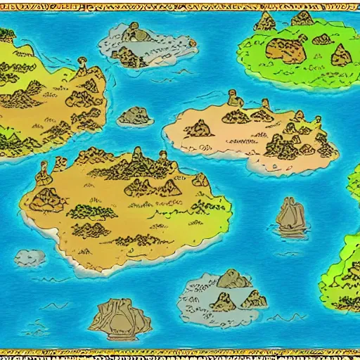 Prompt: fantasy world map, colourful, varying environments