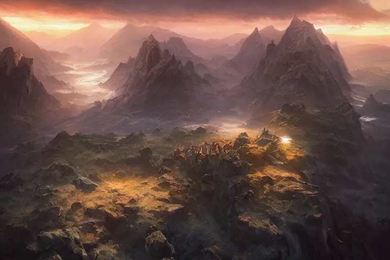 Prompt: high aerial shot, fantasy landscape, sunset lighting ominous shadows, cinematic fantasy painting, dungeons and dragons, gentle coastline by jessica rossier and brian froud