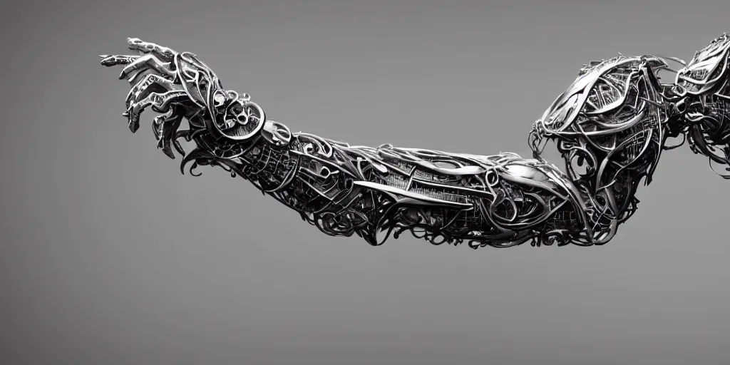 Prompt: hyper realistic photography of a stunningly beautiful cyborg female, elbow, plated arm, intimate, holding close, ribbons, in the style of beth cavener, jin kagetsu,, and wlop, highly detailed, intricate filigree, symmetry, masterpiece, award winning, sharp focus, concept art, highkey lighting, ambient lighting, octane render, 8 k, artstation