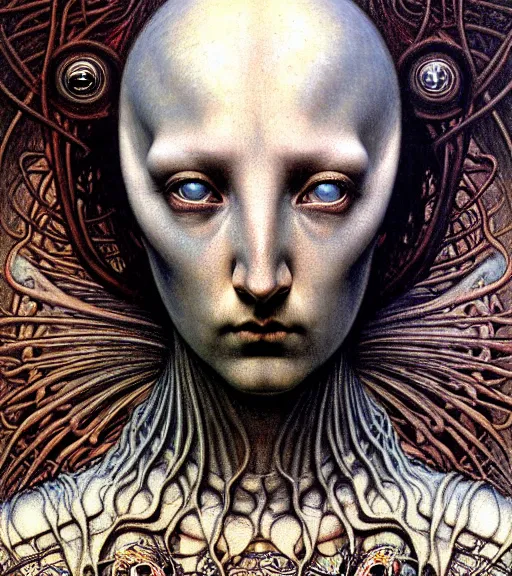 Image similar to detailed realistic beautiful young medieval alien robot grimez face portrait by jean delville, gustave dore and marco mazzoni, art nouveau, symbolist, visionary, gothic, pre - raphaelite. horizontal symmetry by zdzisław beksinski, iris van herpen, raymond swanland and alphonse mucha. highly detailed, hyper - real, beautiful