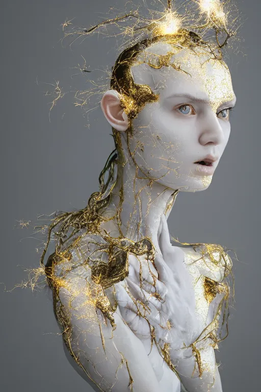 Prompt: full head and shoulders, beautiful porcelain female person, smooth, delicate facial features, white detailed eyes, white lashes, 3 d white anatomical bones, large electrical gold sparks, gold leaf and glowing lightening, by daniel arsham and james jean