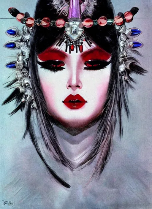 Image similar to svelt female korean vampiress, jeweled headdress, heavy mascara, strong line, saturated color, beautiful! coherent! by frank frazetta, high contrast, minimalism