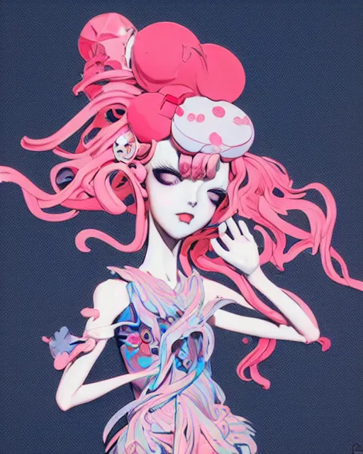 Image similar to james jean isolated vinyl figure harajuku magical girl character design, figure photography, dynamic pose, holographic undertones, motion shapes color design, glitter accents on figure, anime stylized, sharp focus, accurate fictional proportions, high delicate defined details, ethereal lighting