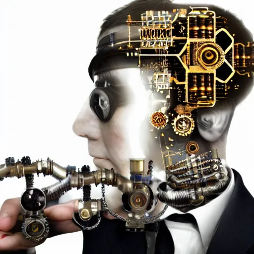 Prompt: a person inventing a quantum ai computer, steampunk