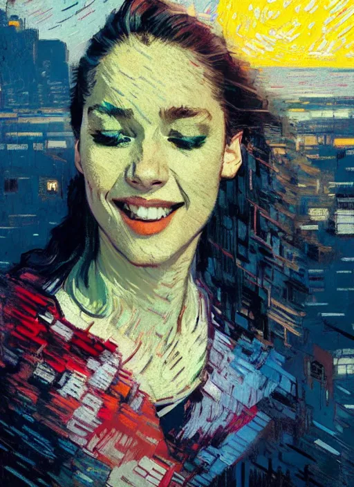 Prompt: portrait of a beautiful girl, new york backdrop, smiling, ecstatic, eyes closed, open mouth, sunset shades, beautiful face, rule of thirds, intricate outfit, spotlight, by greg rutkowski, by jeremy mann, by francoise nielly, by van gogh, digital painting