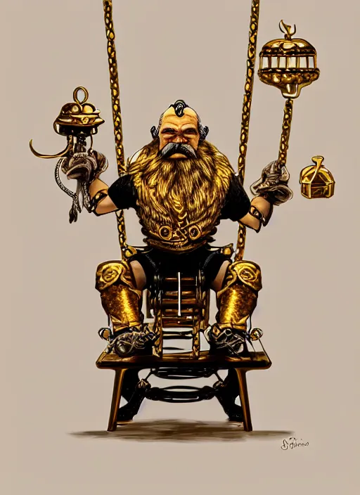 Image similar to dwarf fighter sitting in mechanical spider chair, gold, exquisite details, black beard, white background, by studio muti