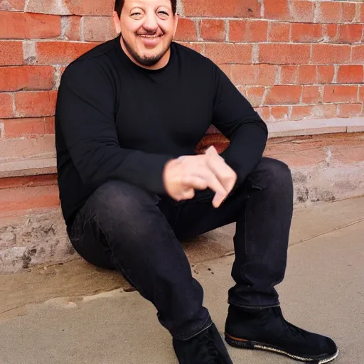 Image similar to sal vulcano with a black shirt on sitting in front of a brick wall