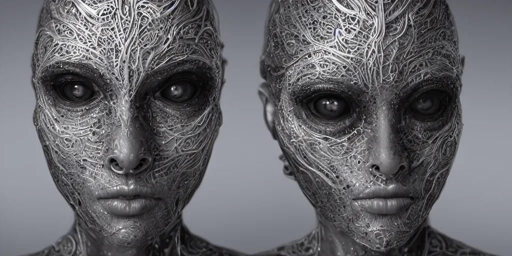 Image similar to ! dream hyperrealistic photography of a female cyborg humanoid, glowing eyes, holding, grasping, highly detailed intricate filigree, in the style of beth cavener, jin kagetsu, wlop,, symmetry, masterpiece, concept art, highkey lighting, ambient lighting, hard key light, octane render, 8 k, artstation