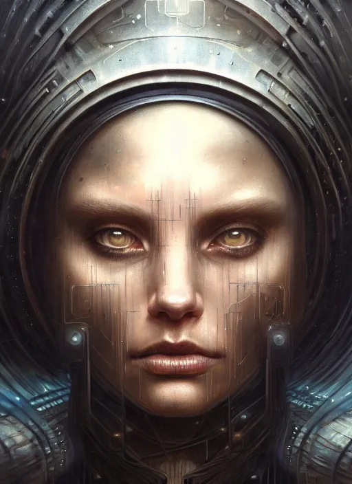 Image similar to closeup portrait shot of a dystopian person in a scenic dystopian environment, intricate, elegant, highly detailed, centered, digital painting, artstation, concept art, smooth, sharp focus, illustration, artgerm, tomasz alen kopera, peter mohrbacher, donato giancola, joseph christian leyendecker, wlop, boris vallejo