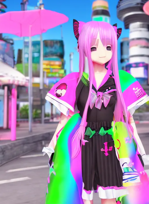 Image similar to anime, vrchat, secondlife, imvu, 3 d model of a girl wearing harajuku colorful clothes, pop colors, kawaii hq render, detailed textures, artstationhd, booth. pm, highly detailed attributes and atmosphere, dim volumetric cinematic lighting, hd, unity unreal engine