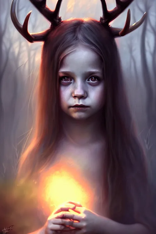 Image similar to a portrait of a little girl with antlers in a forest at night, dark, gothic, fantasy, portrait, figurativism, muted colors, digital painting in the style of bastien lecouffe - deharme, trending on artstation, detailed