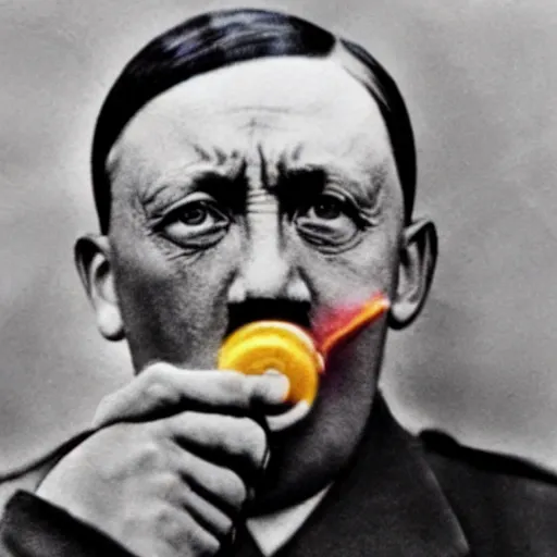 Image similar to a hyper realistic colorized photo of hitler with the gun in his mouth, close - up shot