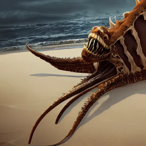 Image similar to stunning cinematic wide shot of a beautiful slick sea monster wearing clothes of kelp on a white sand beach, hands grasping large fulgurites. well designed perfect with slick led eyes, sharp claws, cgsociety, hd octane render, fantasy, furry art, artstation, deviantart, furaffinity, very very clean