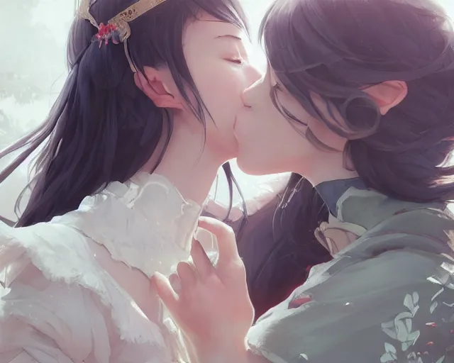 Image similar to two beautiful girls kissing, sharp details, sharp focus, elegant, highly detailed, illustration, by jordan grimmer and greg rutkowski and pine ( ハイネ ) and 薯 子 imoko and 香 川 悠 作 and wlop and maya takamura, intricate, beautiful, trending artstation, pixiv, digital art