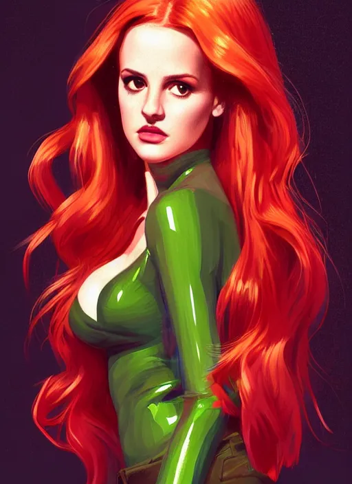 Image similar to full body portrait of teenage cheryl blossom, bangs, green eyes, mischievous expression, red hair, sultry smirk, bangs and wavy hair, intricate, elegant, glowing lights, highly detailed, digital painting, artstation, concept art, smooth, sharp focus, illustration, art by wlop, mars ravelo and greg rutkowski
