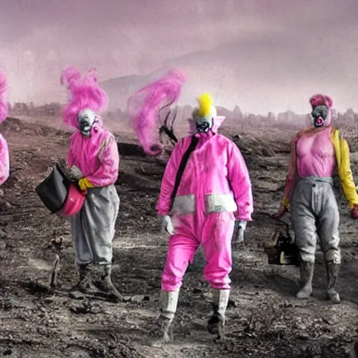 Image similar to clowns with pink hair wearing gas masks and hazmat suits in post apocalyptic wasteland, realistic, dirty, war