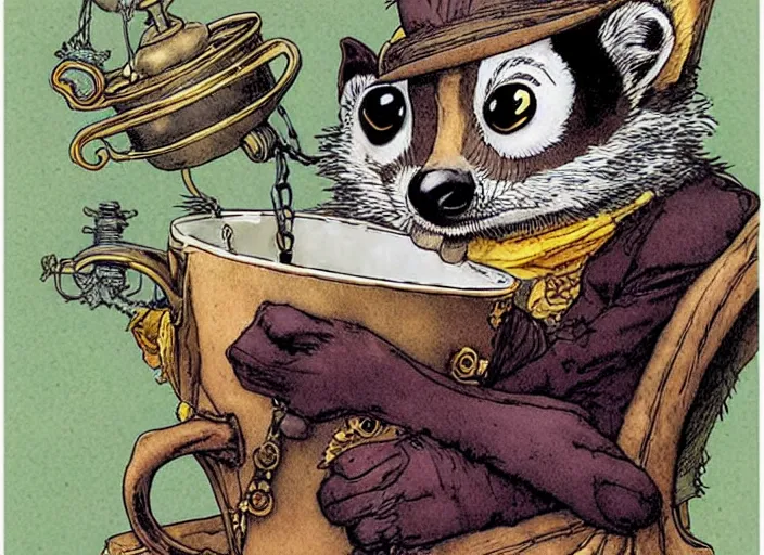 Image similar to an steampunk lemur having a cup of tea, muted colors, by rebecca guay, michael kaluta, charles vess and jean moebius giraud