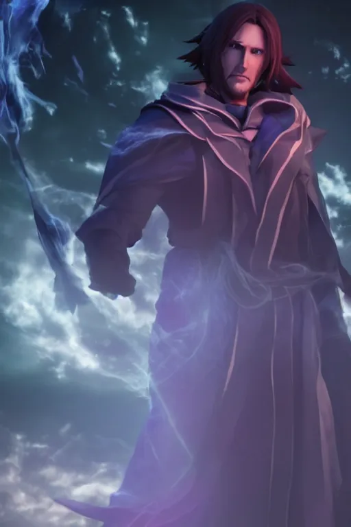 Image similar to Matthew Mercer is an all powerful wizard, realistic cinematic shot, swirling magic, subtle fog and mood lighting