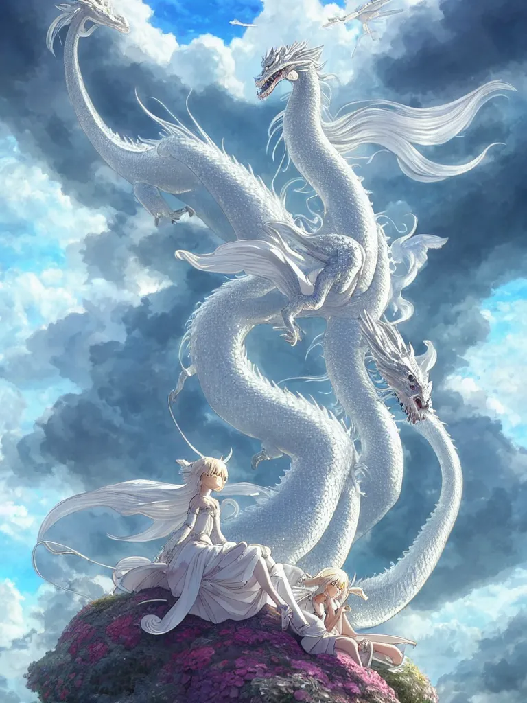 Image similar to the beautiful hyper detailed big scene render that a beautiful princess sitting on the back of a huge silver white dragon alone in fairyland surrounded by white clouds, finely detailed angelic face delicate features, style of studio ghibli, makoto shinkai, raphael lacoste, artgerm, karol bak, kazuki tanahashi, james jean, ross tran, ultra wide angle