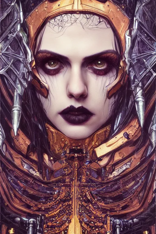 Image similar to portrait of beautiful gothic Alexandra Daddario, cyberpunk, Warhammer, highly detailed, artstation, illustration, art by Gustav Klimt