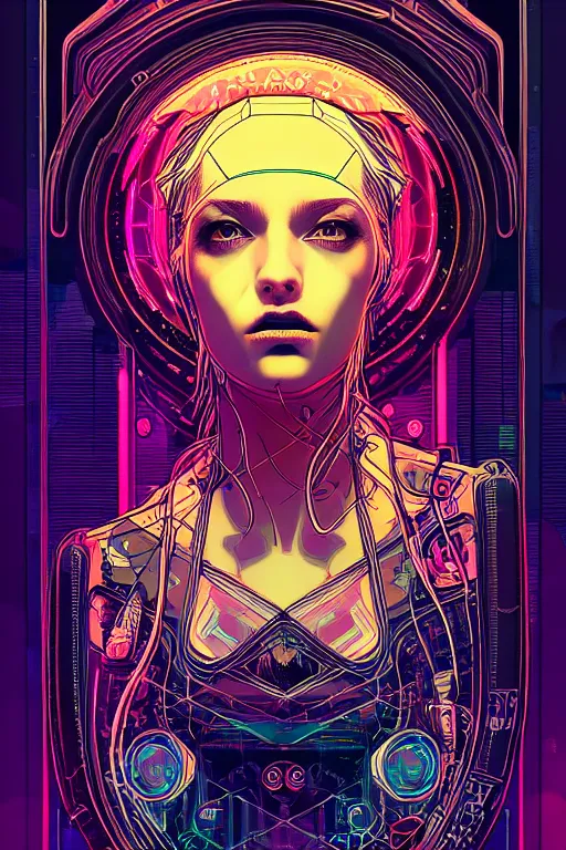 Image similar to dreamy cyberpunk girl, abstract mirrors, digital nodes, beautiful woman, detailed acrylic, grunge, intricate complexity, by dan mumford and by alexandros pyromallis intaglio