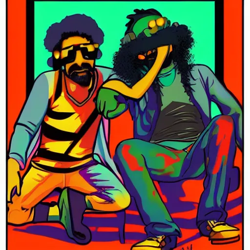 Prompt: cyberpunk cheech and chong, up in smoke,