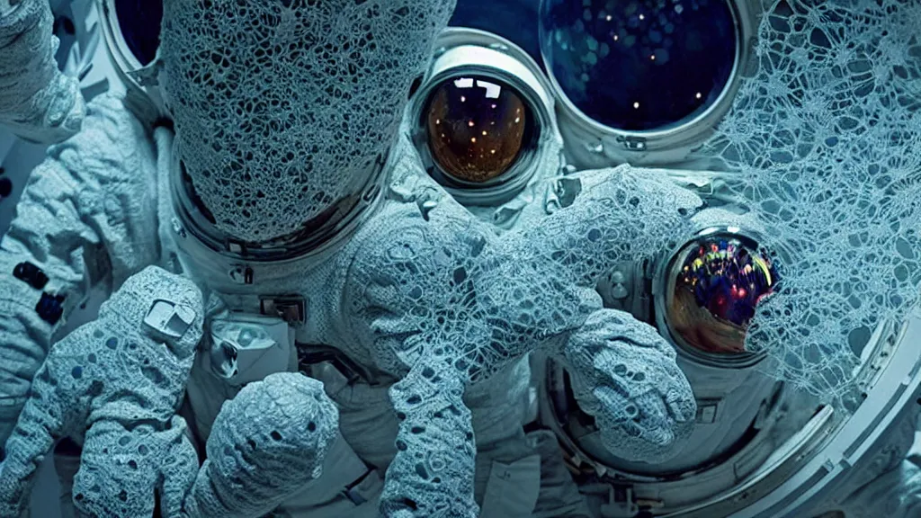 Image similar to a astronaut eva suit covered in diamond 3d fractal lace iridescent bubble 3d skin and covered with insectoid compound eye camera lenses floats through the living room, film still from the movie directed by Denis Villeneuve with art direction by Salvador Dalí, wide lens,