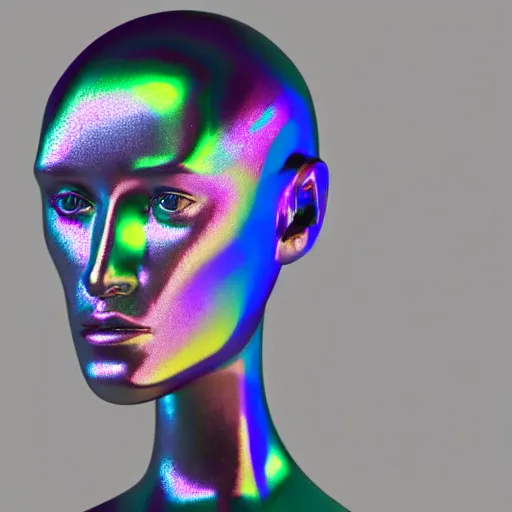 Image similar to 3d render of holographic human robotic head made of glossy iridescent, surrealistic 3d illustration of a human face non-binary, non binary model, 3d model human, cryengine, made of holographic texture, holographic material, holographic rainbow, concept of cyborg and artificial intelligence