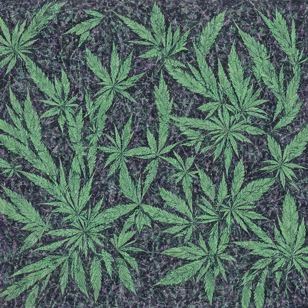 Image similar to camo made of out cannabis, smiling, abstract, maya bloch artwork, do hoang tuong artwork, cryptic, dots, stipple, lines, abstract, geometry, splotch, concrete, color tearing, uranium, acrylic, neon, pitch bending, cannabis plant leaves, faceless people, dark, ominous, eerie, minimal, points, technical, painting