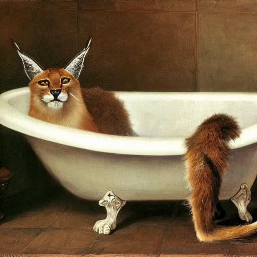 Image similar to cute caracal in bathtub, by Valentin de Boulogne