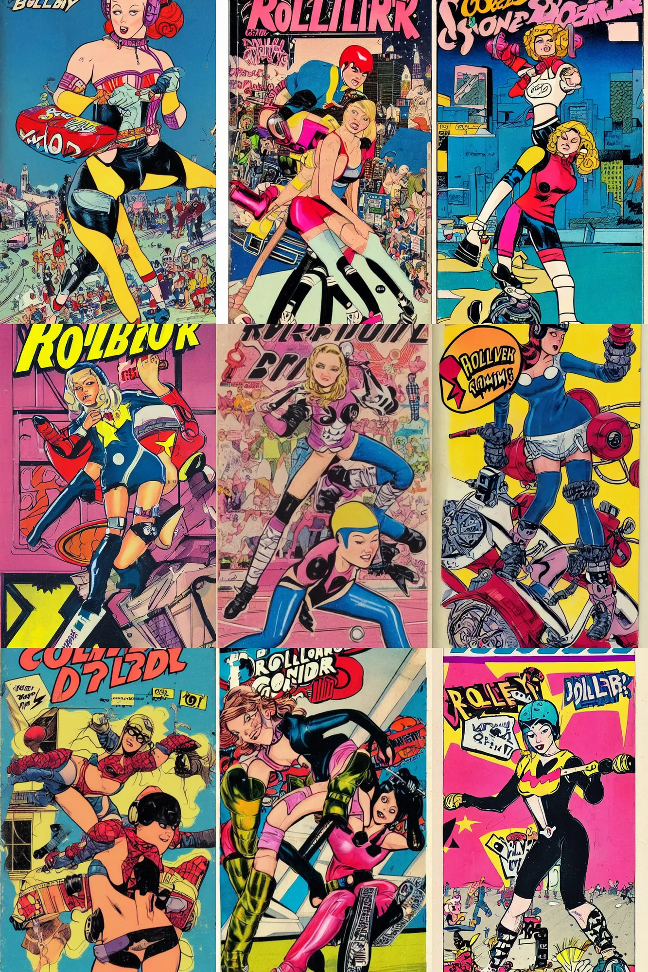 Prompt: comic book cover of roller derby girl illustration by Frank Hampson