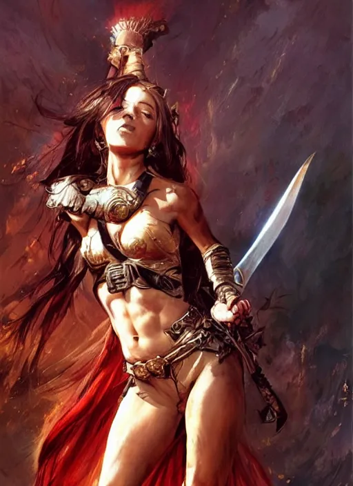 Image similar to hyper realistic warrior girl with sword in her hand, full body, rule of thirds, human proportion, good anatomy, beautiful face, conceptart, saturated colors, cinematic, vallejo, frazetta, royo, rowena morrill, cinematic