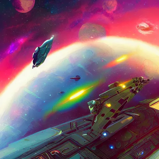 Prompt: interloper flying in the space no man's sky colorful, fantasy, intricate, highly detailed, digital painting, hq, trending on artstation, illustration, style of stanley artgerm and greg rutkowski and dan mumford