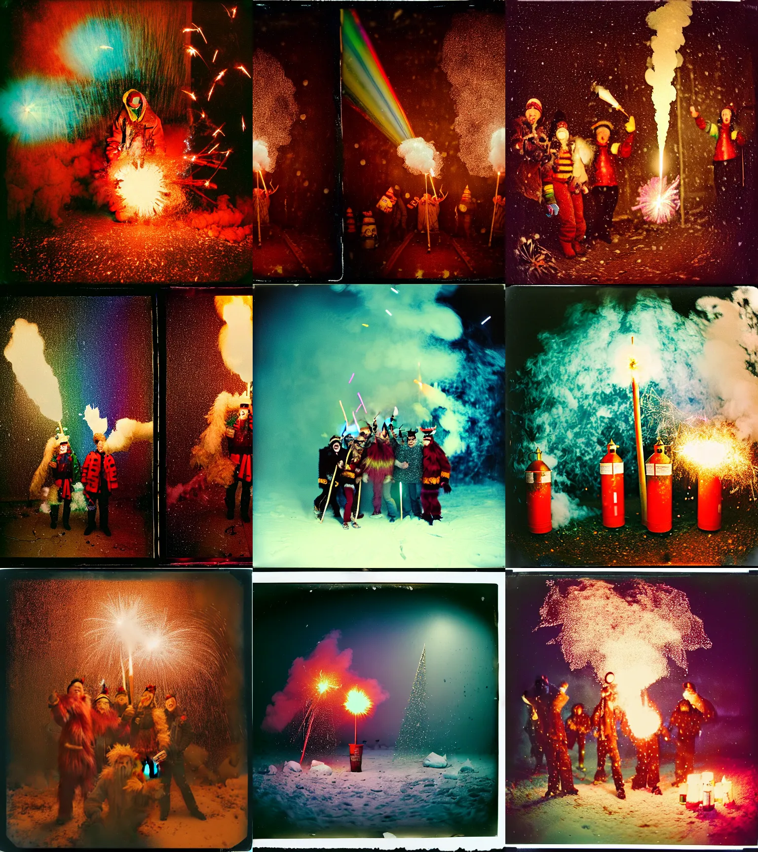 Image similar to kodak portra 4 0 0, wetplate, winter, snowflakes, rainbow coloured rockets, chaos, glitter tornados, award winning dynamic photo of a bunch of hazardous krampus between exploding fire barrels by robert capas, motion blur, in a small pantry at night with colourful pyro fireworks and torches, teal lights